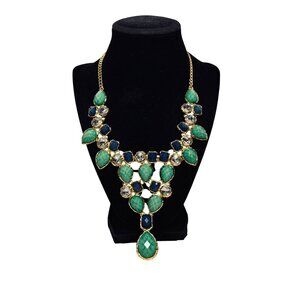 Amrita Singh Gold Tone Dune Green Blue and Clear Crystal Bib Necklace (6259)